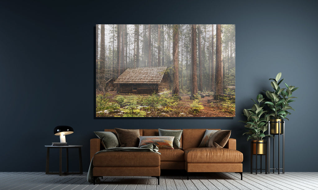 Foggy Forest Cabin Wall Art, Misty Woodland Photography, Canvas Metal Acrylic or Poster — product image 3