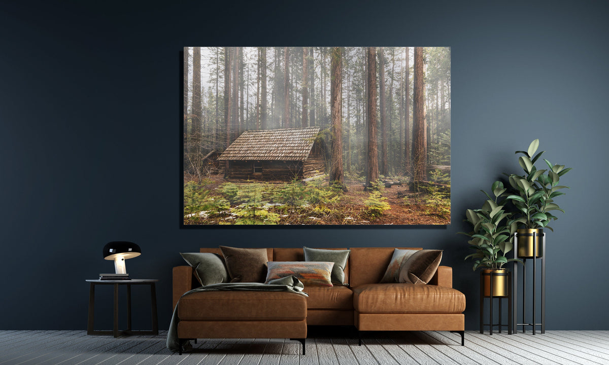 Foggy Forest Cabin Wall Art, Misty Woodland Photography, Canvas Metal Acrylic or Poster — product image 3