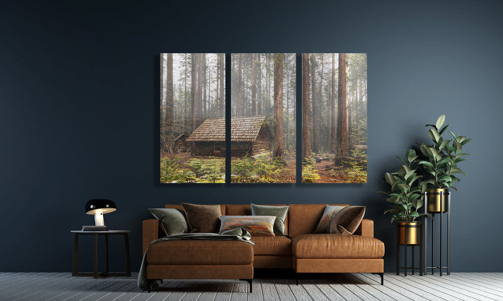 Foggy Forest Cabin Triptych Canvas Print, Misty Woodland Wall Art — product image 7
