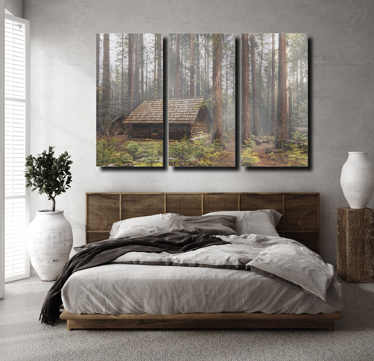 Foggy Forest Cabin Triptych Canvas Print, Misty Woodland Wall Art — product image 6