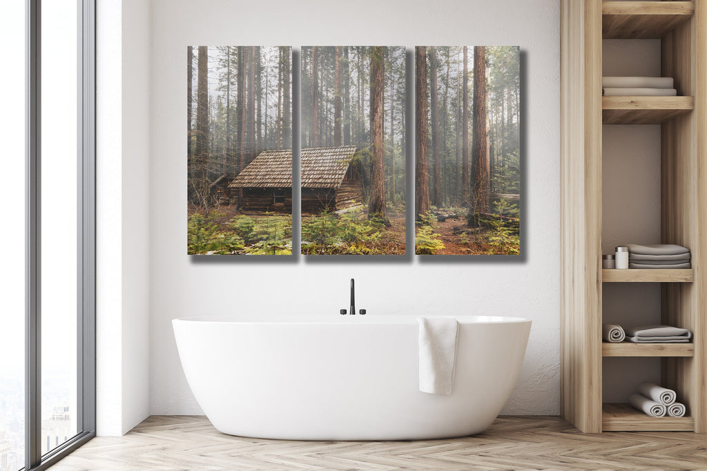 Foggy Forest Cabin Triptych Canvas Print, Misty Woodland Wall Art — product image 5