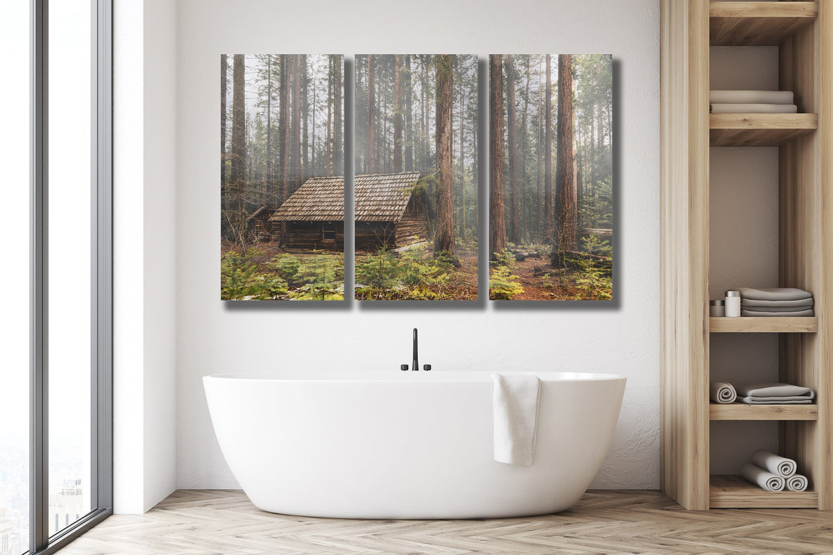 Foggy Forest Cabin Triptych Canvas Print, Misty Woodland Wall Art — product image 5