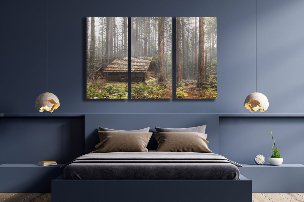 Foggy Forest Cabin Triptych Canvas Print, Misty Woodland Wall Art — product image 4