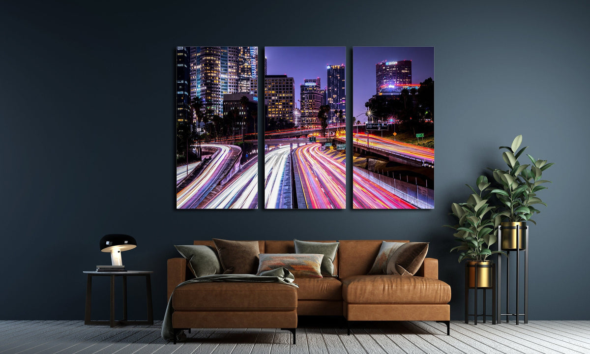 Downtown Los Angeles Skyline Triptych Canvas Print, City Lights Wall Art — product image 2