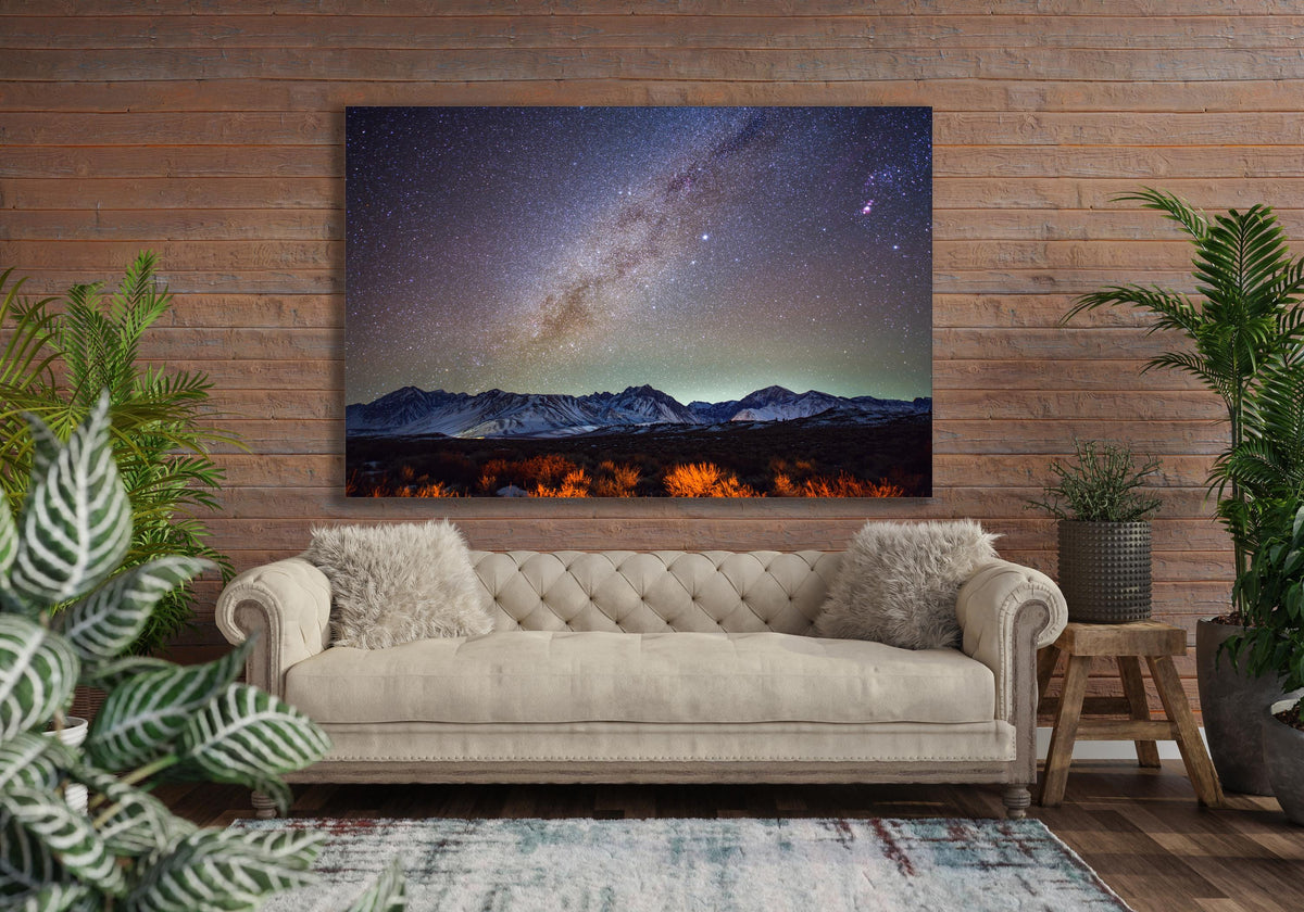 Milky Way Snowy Mountain Wall Art, Cosmic Night Sky, Canvas Metal Acrylic or Poster — printed photography wall art