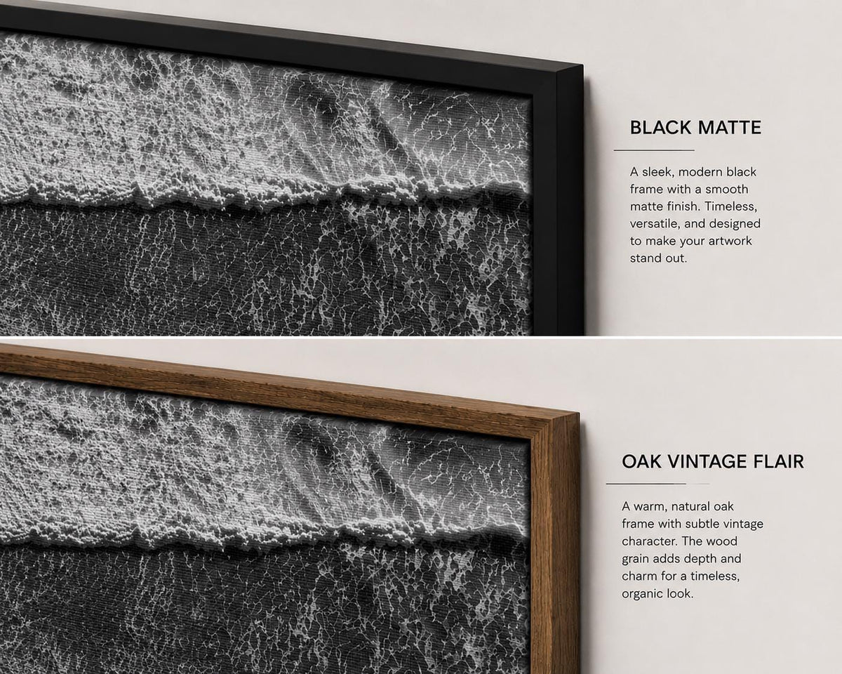May include: Two framed wall art pieces featuring a black and white aerial photograph of ocean waves. The top frame is black matte, and the bottom frame is natural oak wood. Text labels read BLACK MATTE and OAK VINTAGE FLAIR next to each frame.