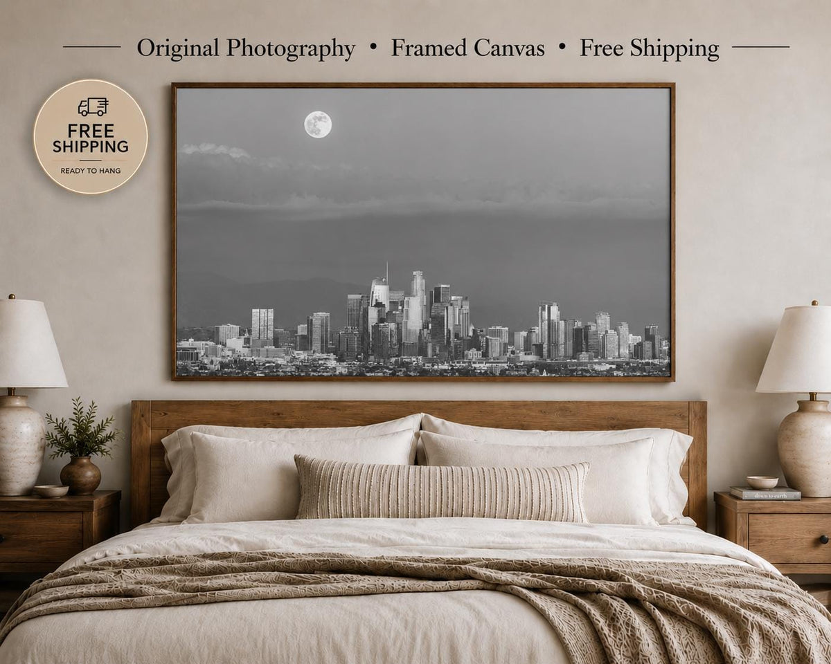 Black and White Los Angeles Skyline Canvas Art | Downtown LA Cityscape Photography Print — product image 2