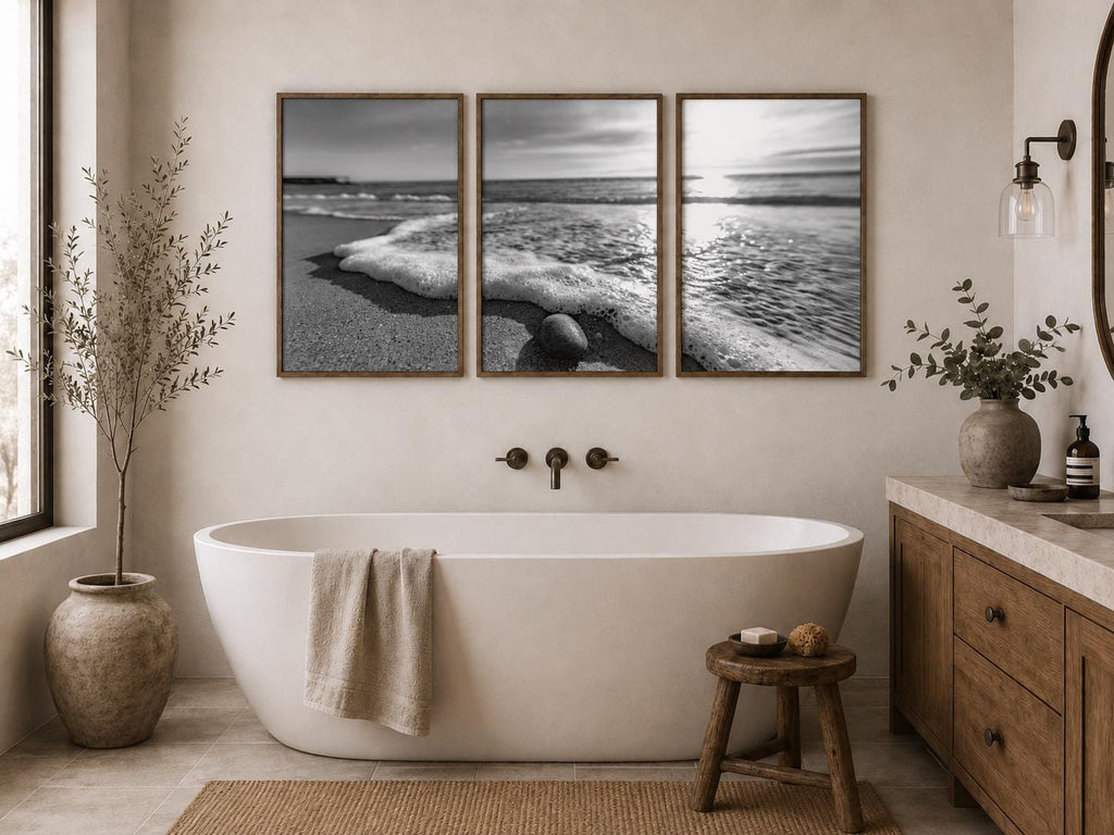 Black and White Beach Canvas Wall Art, Framed Ocean Photography, Single or Triptych — product image 7