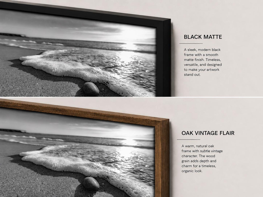 Black and White Beach Canvas Wall Art, Framed Ocean Photography, Single or Triptych — product image 3
