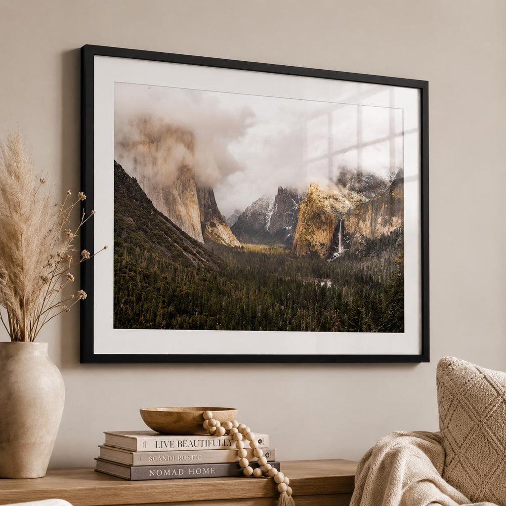 Yosemite Tunnel View Landscape Photography Print, Misty Mountains Wall Art