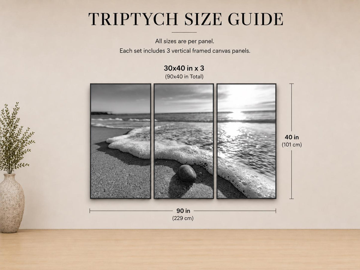 Black and White Beach Canvas Wall Art, Framed Ocean Photography, Single or Triptych — product image 4