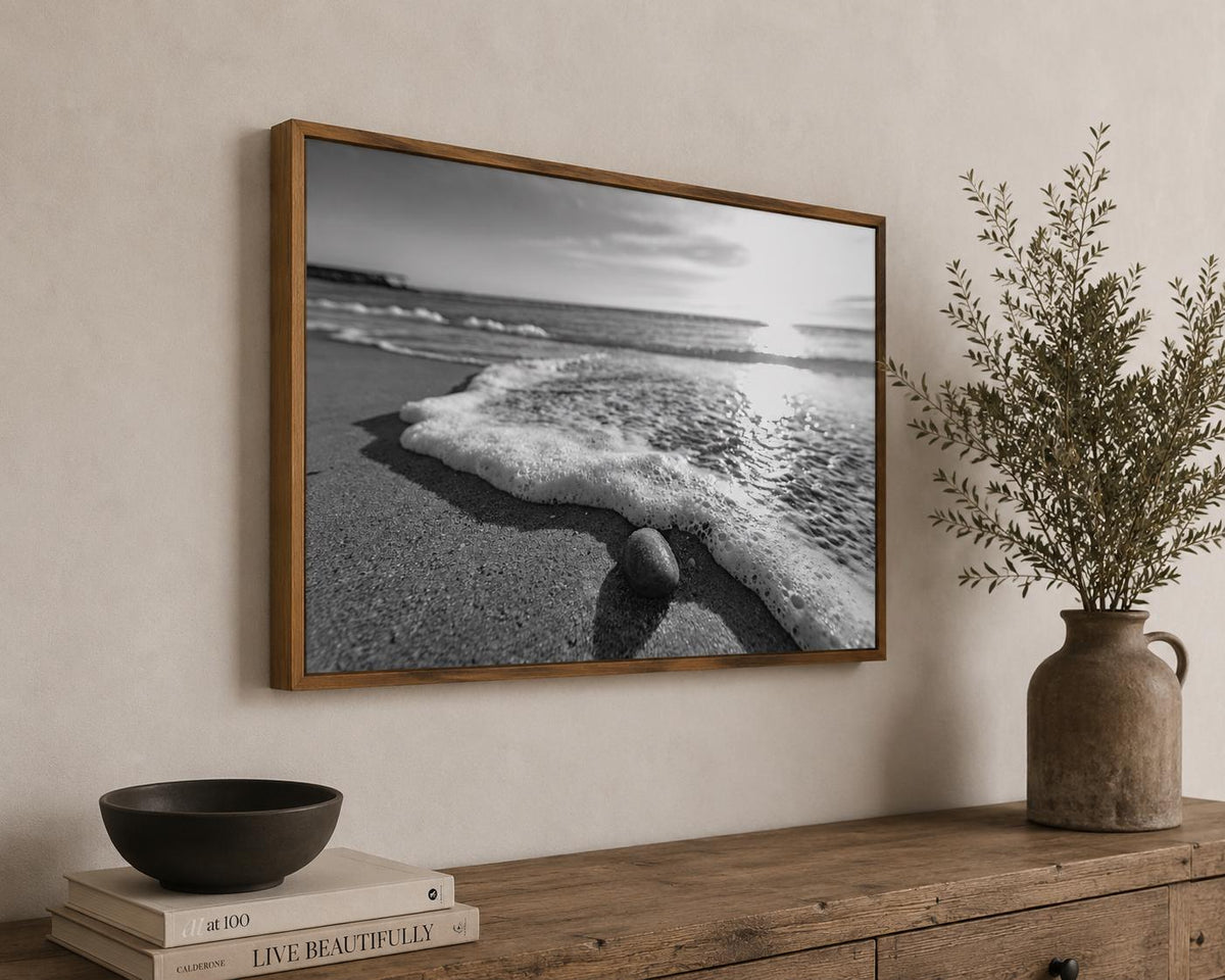 Black and White Beach Canvas Wall Art, Framed Ocean Photography, Single or Triptych — product image 5