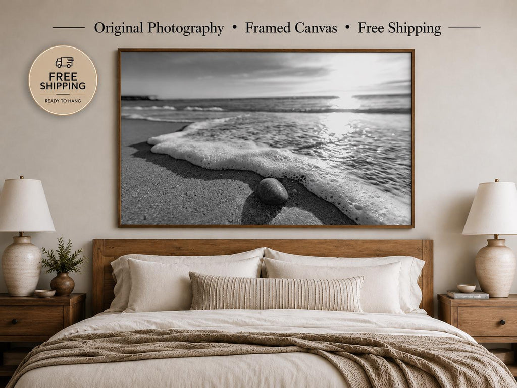 Black and White Beach Canvas Wall Art, Framed Ocean Photography, Single or Triptych — product image 2