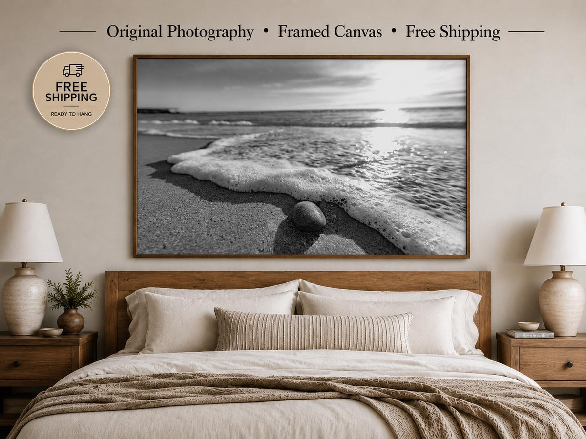 Black and White Beach Canvas Wall Art, Framed Ocean Photography, Single or Triptych — product image 2