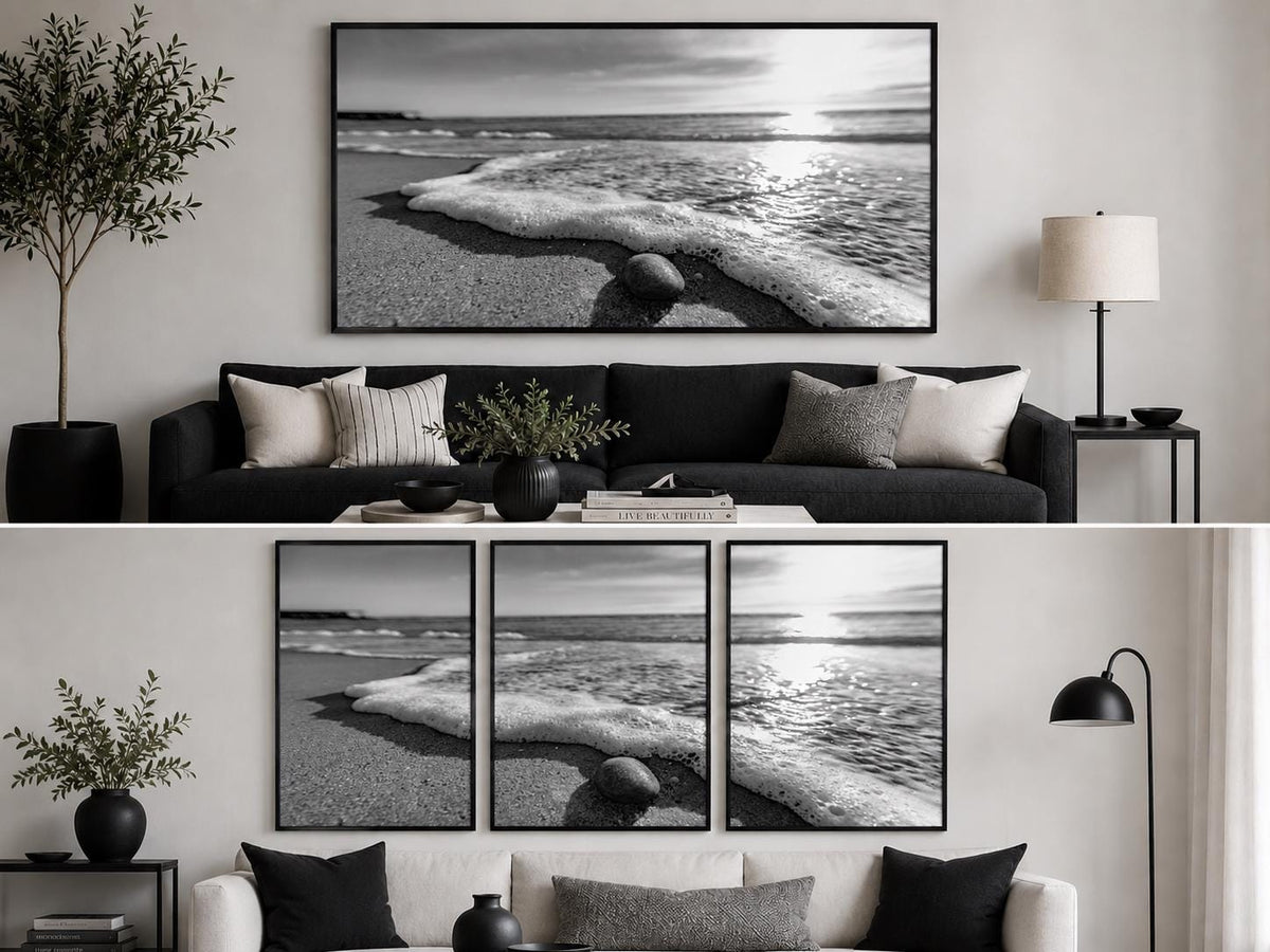 Black and White Beach Canvas Wall Art, Framed Ocean Photography, Single or Triptych — product image 10