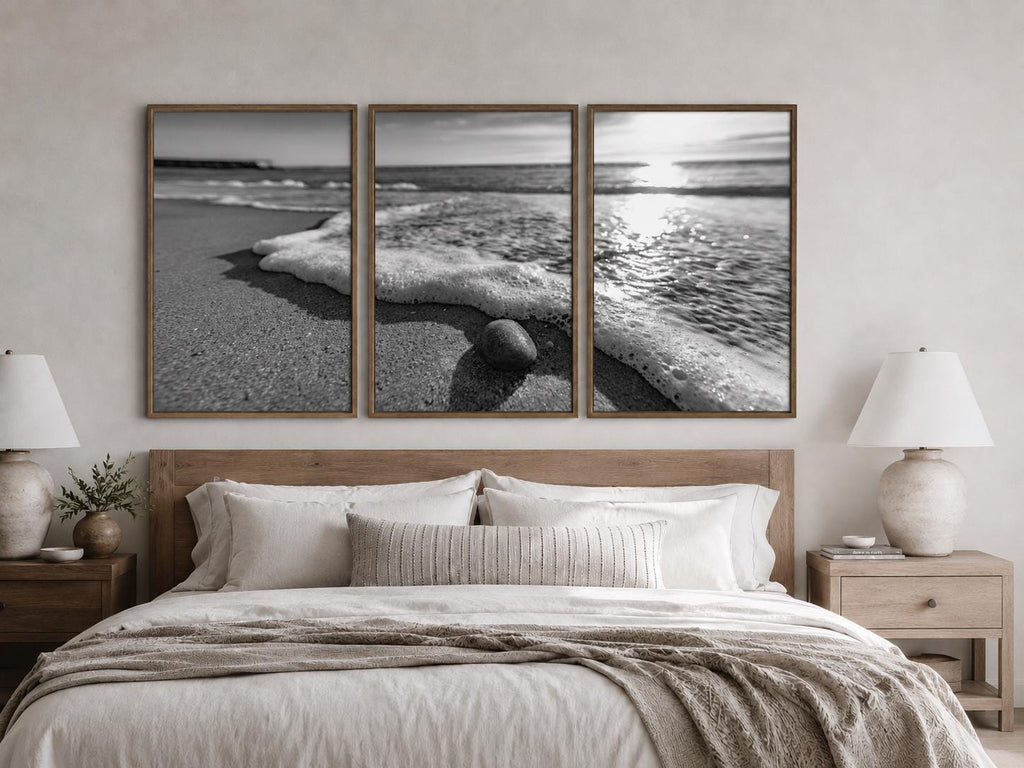 Black and White Beach Canvas Wall Art, Framed Ocean Photography, Single or Triptych