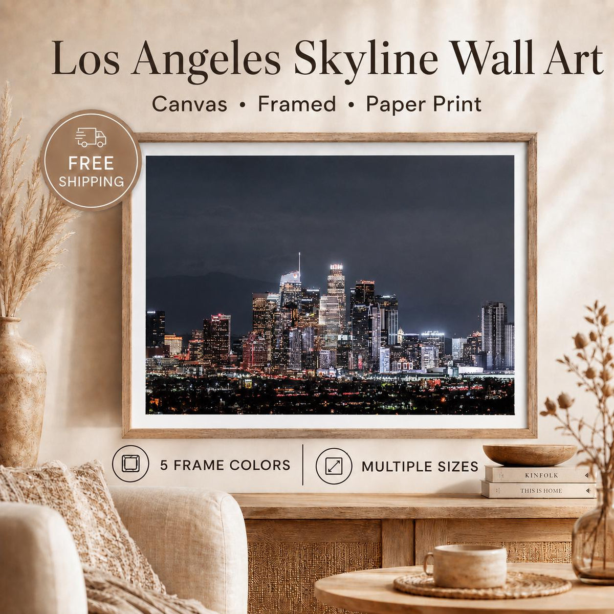 Los Angeles Skyline Wall Art, Downtown LA Night Photography, City Lights Canvas & Framed Print — product image 3