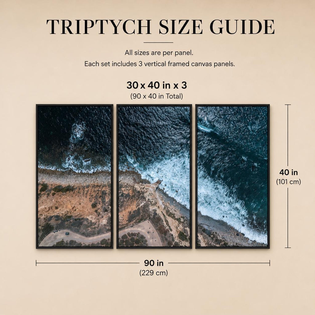May include: A triptych size guide featuring three vertical framed canvas panels displaying an aerial view of a coastline with dark blue ocean waves crashing against a rocky shore. The text indicates dimensions of 30 by 40 inches per panel.