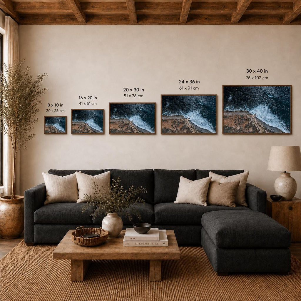 May include: Five rectangular framed wall art prints depicting an aerial view of ocean waves crashing against a coastline. The prints are displayed in sizes ranging from 8x10 inches to 30x40 inches, with dimensions clearly labeled above each frame.