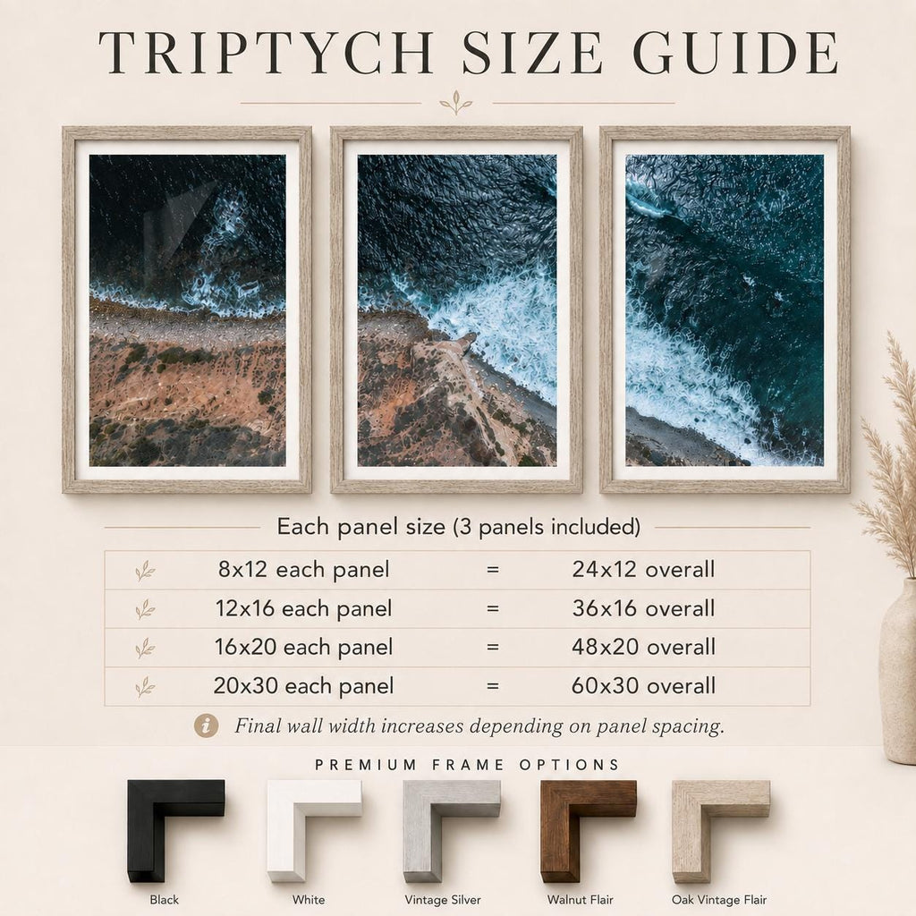 May include: A triptych size guide featuring three framed aerial ocean prints. The text lists dimensions in inches: 8x12, 12x16, 16x20, and 20x30 for individual panels, with overall sizes. Five L-shaped frame corner samples are shown in black, white, silver, walnut, and oak.