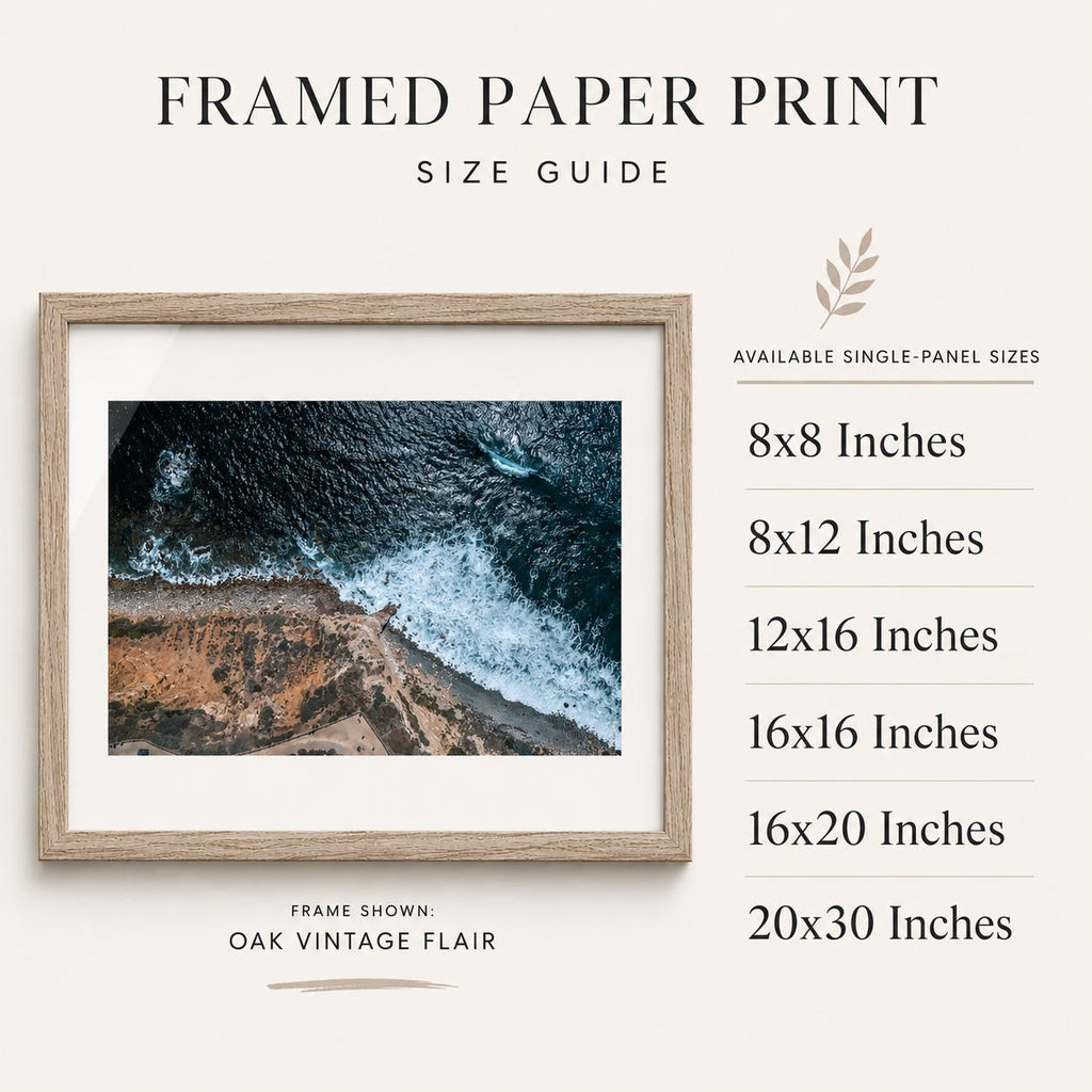 May include: A framed paper print featuring an aerial view of a coastline with dark blue ocean waves crashing against a tan shore. The text reads FRAMED PAPER PRINT SIZE GUIDE, AVAILABLE SINGLE-PANEL SIZES, 8x8, 8x12, 12x16, 16x16, 16x20, 20x30 Inches.