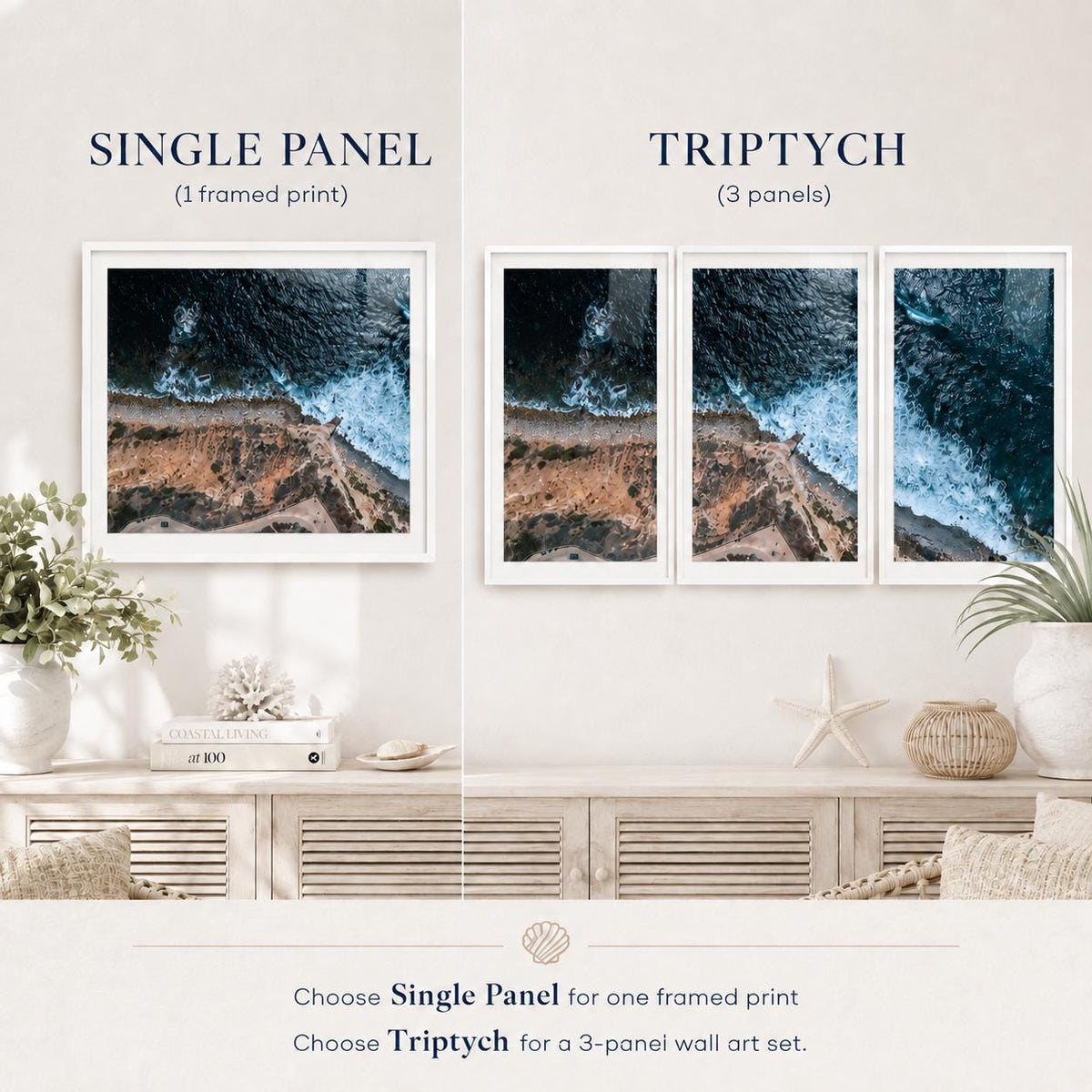 May include: A comparison graphic showing a single framed print labeled SINGLE PANEL and a three-panel set labeled TRIPTYCH. Both options feature an aerial view of a coastline with dark blue ocean waves crashing against a tan, rocky shore.