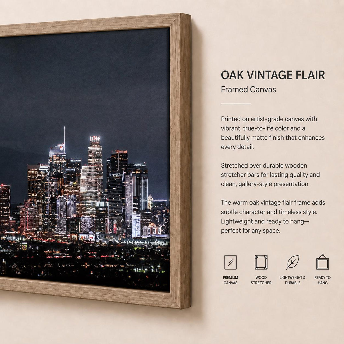 Los Angeles Skyline Wall Art, Downtown LA Night Photography, City Lights Canvas & Framed Print