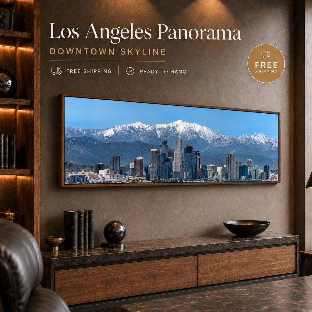 Los Angeles Panoramic Canvas Wall Art, Downtown LA Skyline Photography, San Gabriel Mountains — printed photography wall…