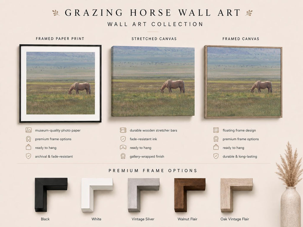 Three horse photography wall art options shown together: framed paper print with white mat, stretched canvas, and framed canvas, plus black, white, silver, walnut, and oak frame finishes.