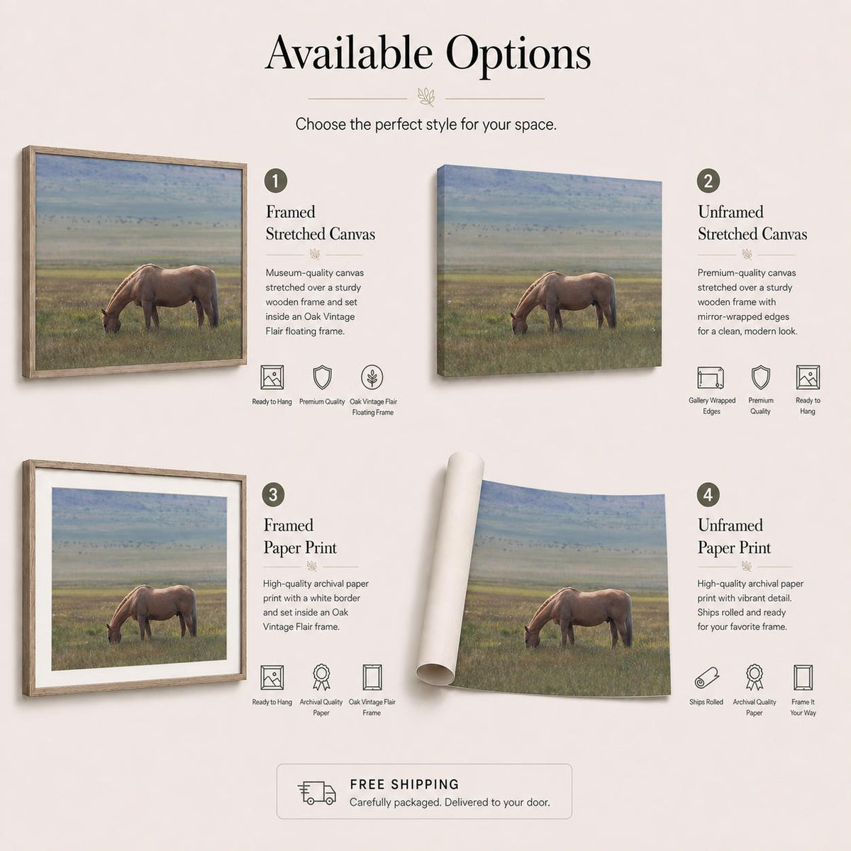 May include: An informational graphic titled Available Options displaying four product choices: 1. Framed Stretched Canvas in an Oak Vintage Flair floating frame, 2. Unframed Stretched Canvas, 3. Framed Paper Print, and 4. Unframed Paper Print.