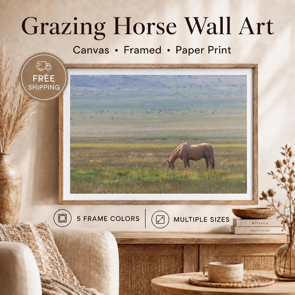 Grazing horse photography wall art displayed in a natural wood frame with a white mat in a warm neutral room, with five frame color choices and multiple print sizes shown.