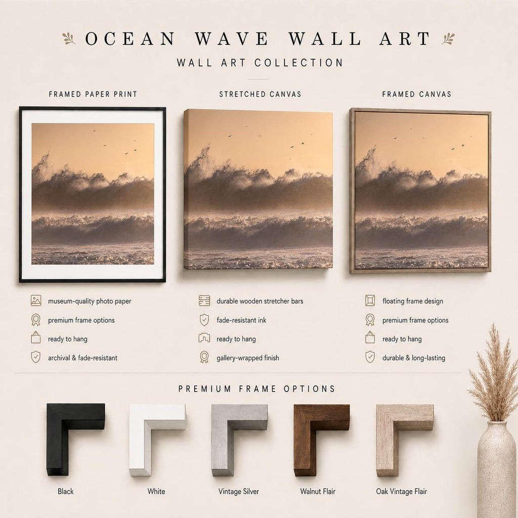 Three ocean wave wall art formats shown together: framed paper print with white mat, stretched canvas, and framed canvas, plus black, white, silver, walnut, and oak frame finishes.