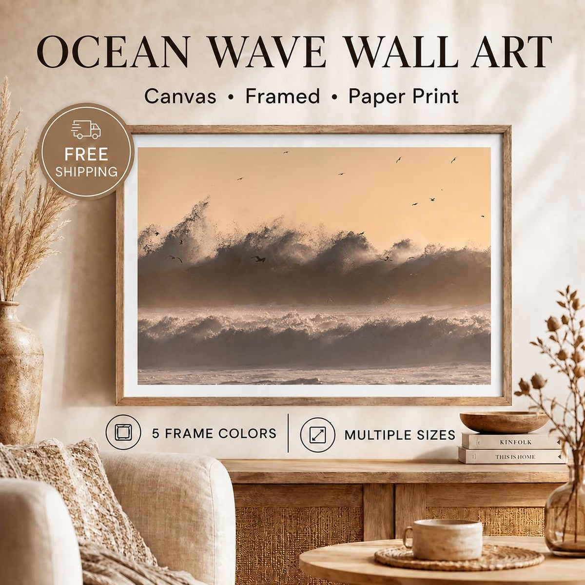 May include: A rectangular wall art print featuring a photograph of ocean waves crashing under a soft peach-colored sky with small birds flying above. The print is displayed in a wooden frame with the text OCEAN WAVE WALL ART above it.