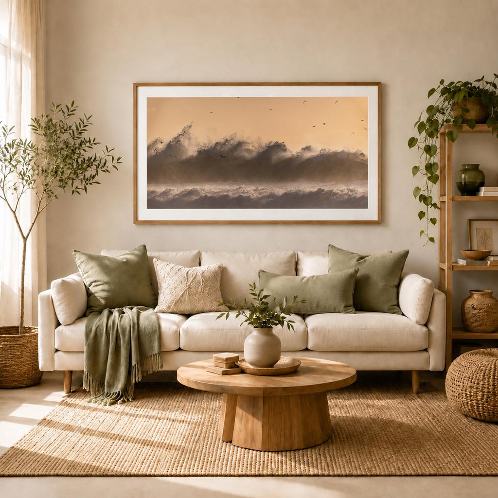 Crashing ocean wave photography in a natural wood frame with a white mat above a cream sofa in a sunlit living room with green cushions, plants, and warm neutral decor.