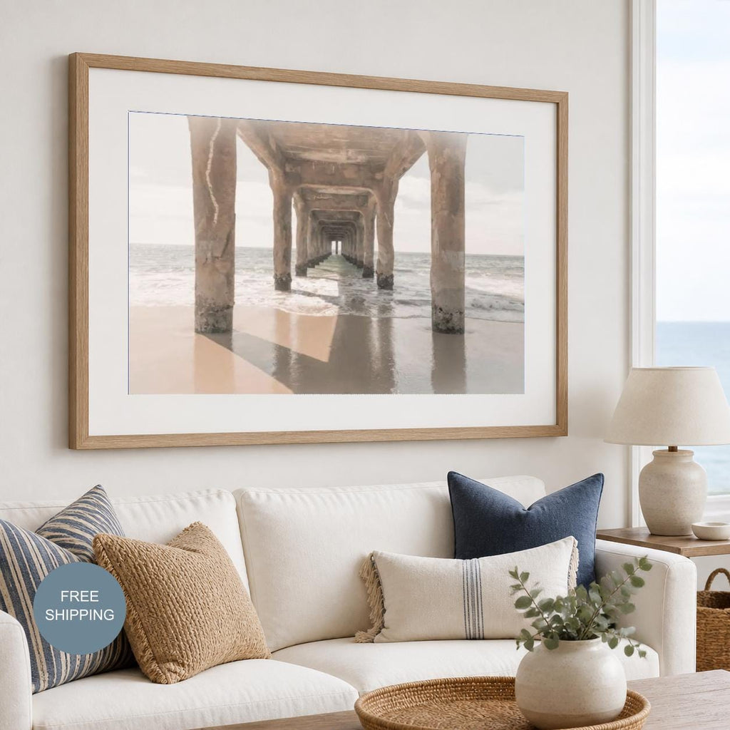 Framed Manhattan Beach Pier Print – Boho Coastal Wall Art — printed photography wall art