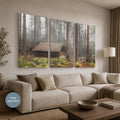 Foggy Forest Cabin Triptych Canvas Print, Misty Woodland Wall Art — printed photography wall art