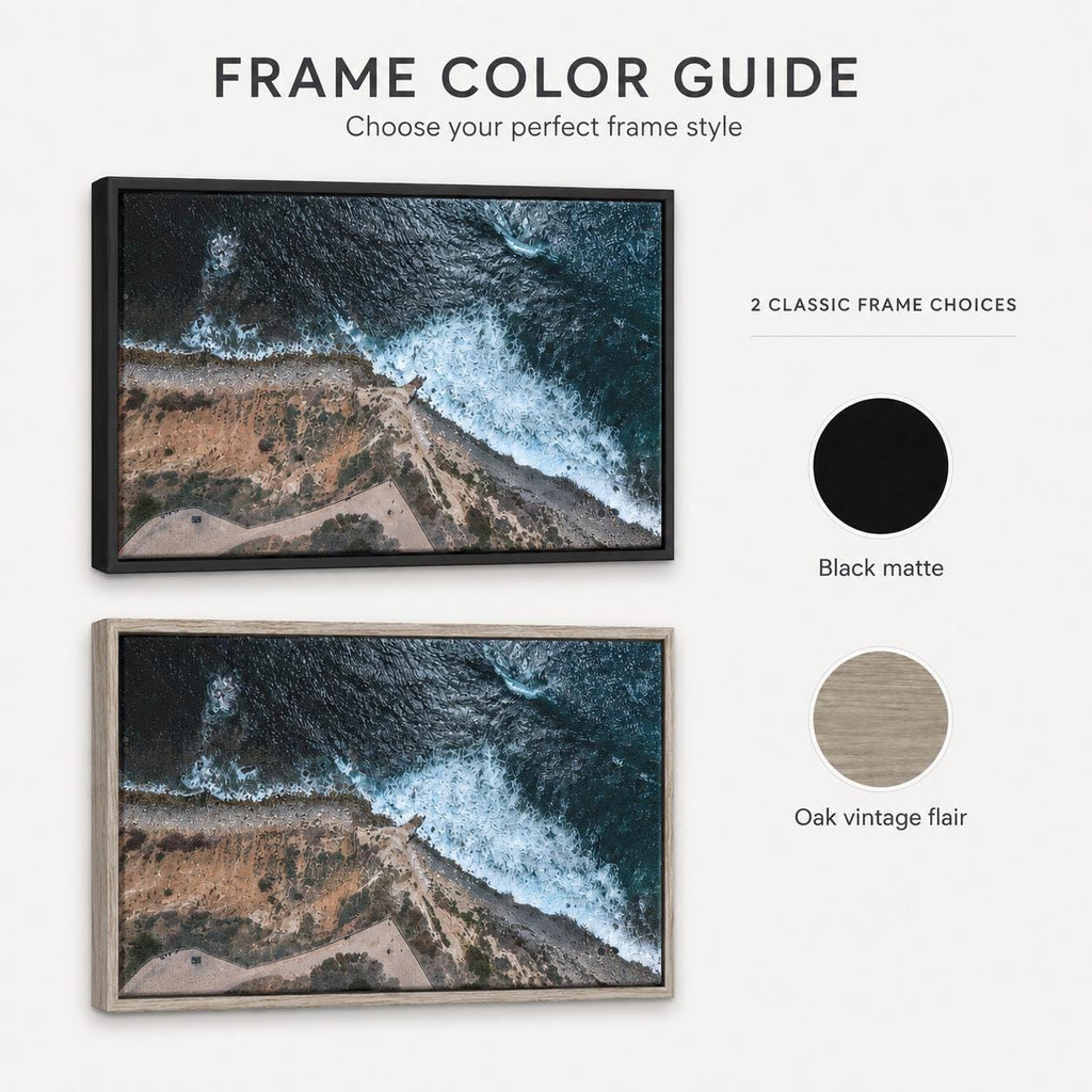 May include: A frame color guide featuring two framed landscape prints of a coastline with dark blue ocean waves and tan cliffs. The guide displays two frame options: a black matte frame and an oak vintage flair frame, with text labels.