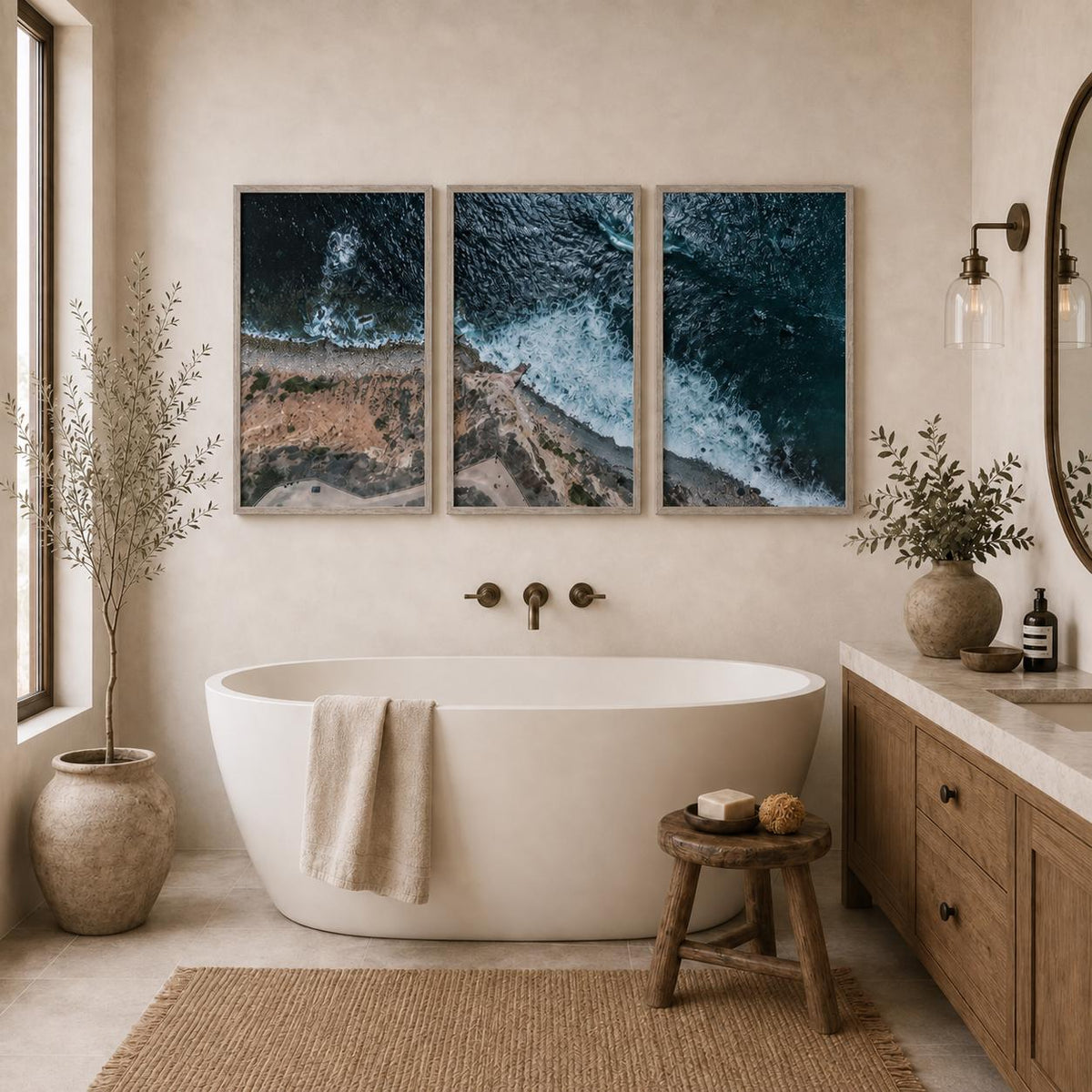 May include: A triptych of framed wall art prints depicting an aerial view of a coastline with dark blue ocean waves crashing against a sandy shore, displayed above a white oval freestanding bathtub in a bathroom with a wooden stool and rug.