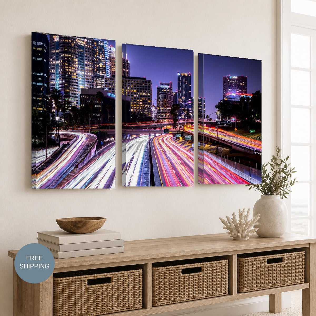 Downtown Los Angeles Skyline Triptych Canvas Print, City Lights Wall Art — printed photography wall art