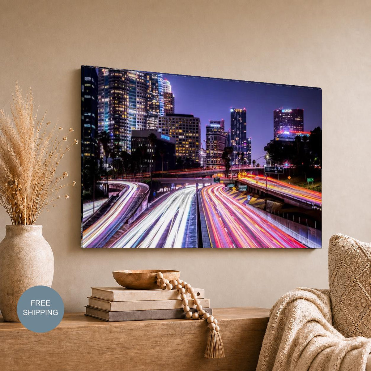 Downtown Los Angeles Wall Art, Night Freeway Cityscape, Canvas Metal Acrylic or Poster — printed photography wall art