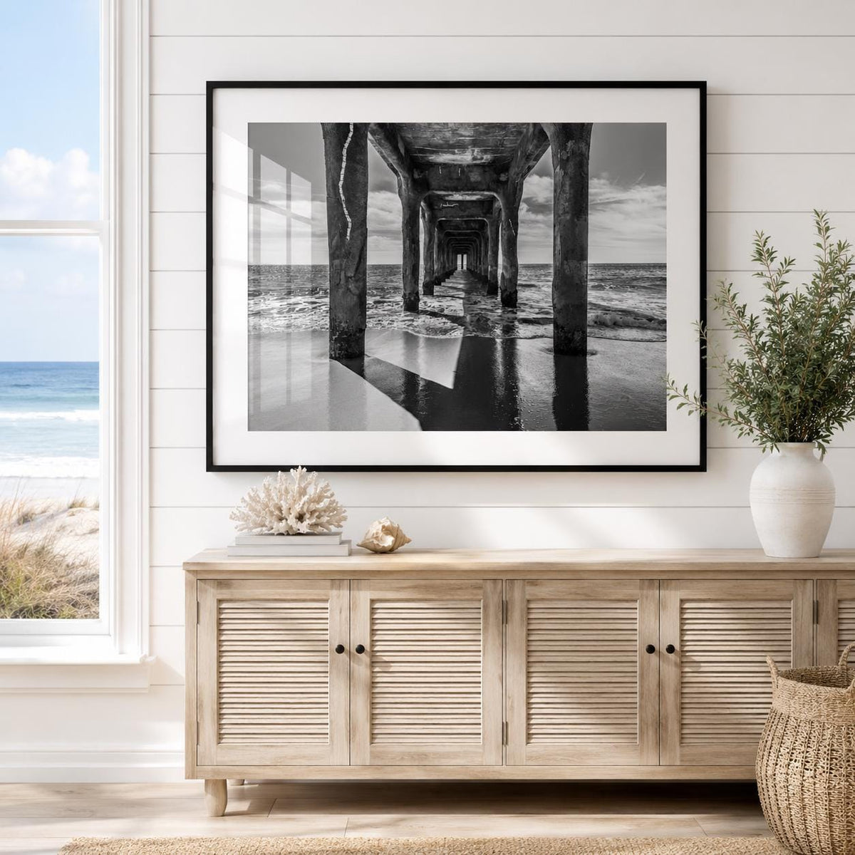 Black and White Manhattan Beach Pier Framed Print: Single or Triptych Wall Art