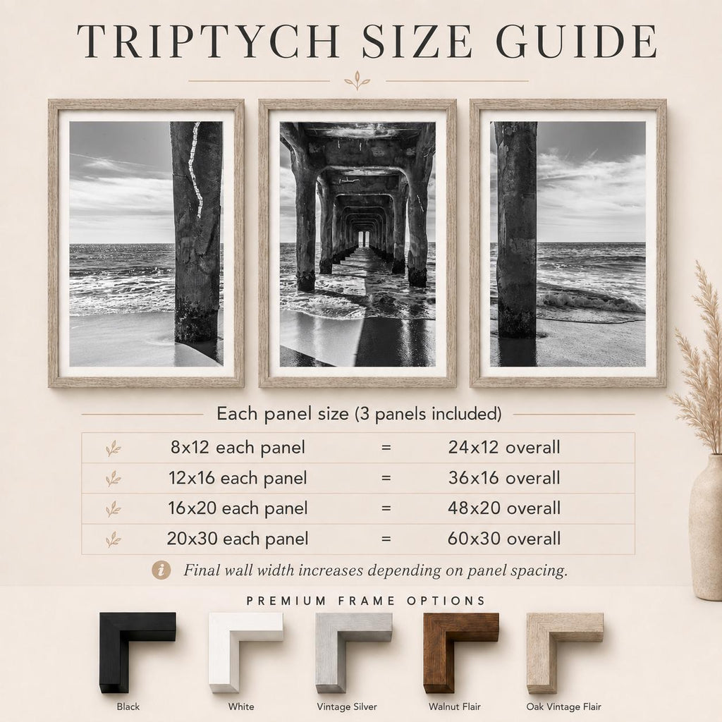 Black and White Manhattan Beach Pier Framed Print: Single or Triptych Wall Art