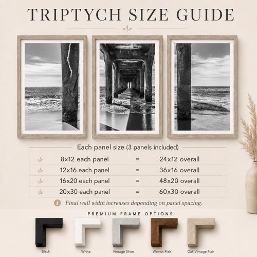 Black and White Manhattan Beach Pier Framed Print: Single or Triptych Wall Art