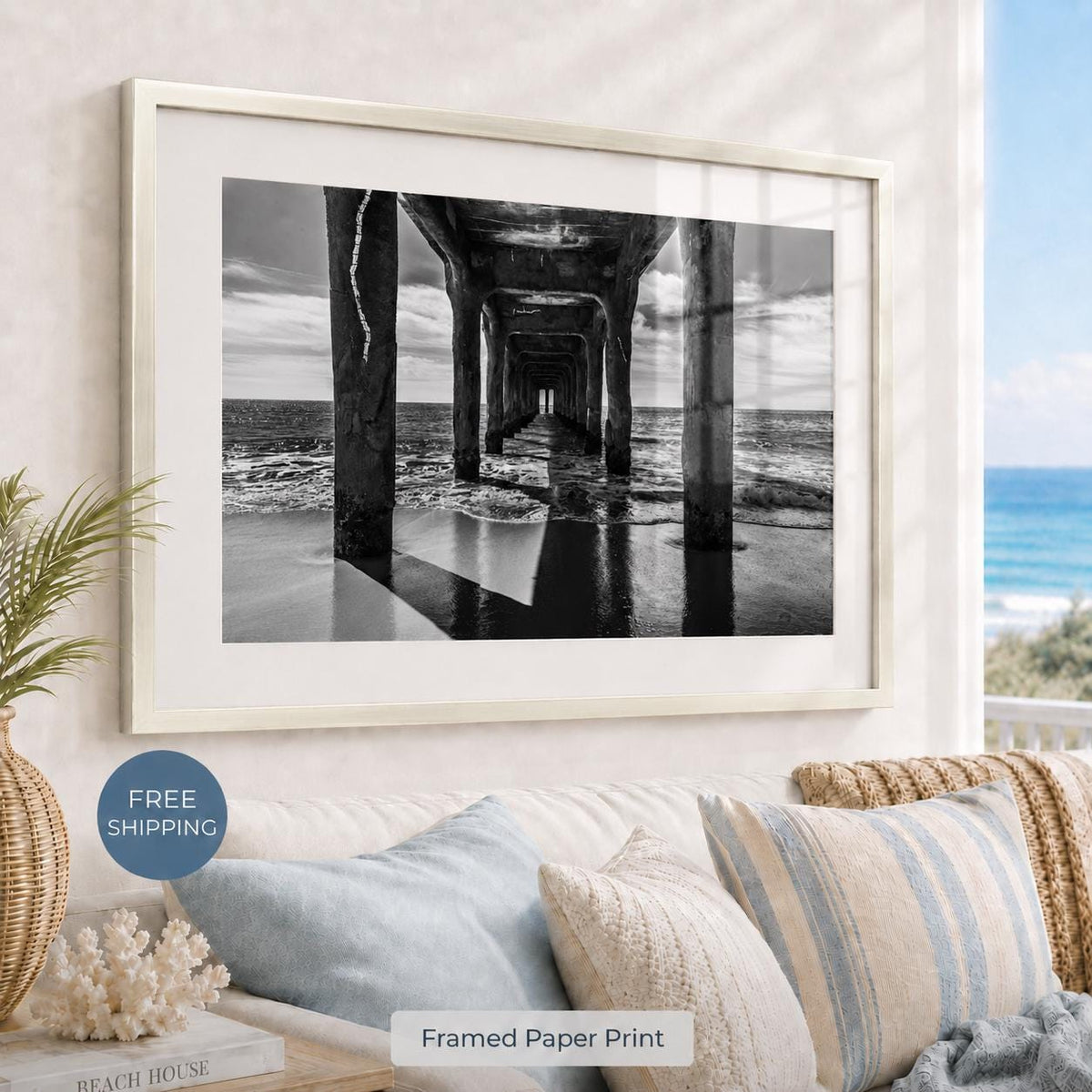 Black and White Manhattan Beach Pier Framed Print: Single or Triptych Wall Art