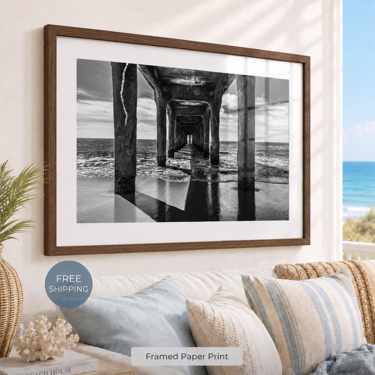 Black and White Manhattan Beach Pier Framed Print: Single or Triptych Wall Art