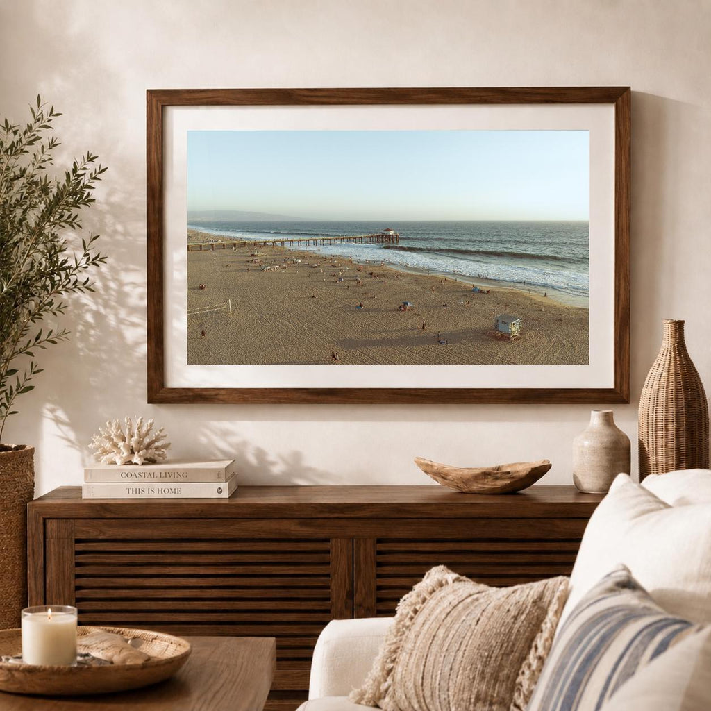 Manhattan Beach Pier Aerial Print, Vintage-Style Framed Coastal Wall Art, Single or Triptych
