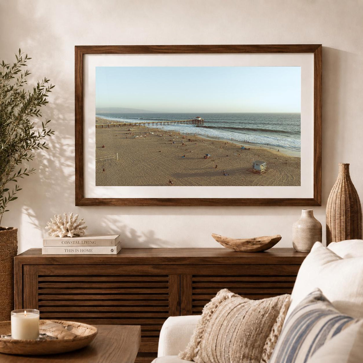 Manhattan Beach Pier Aerial Print, Vintage-Style Framed Coastal Wall Art, Single or Triptych