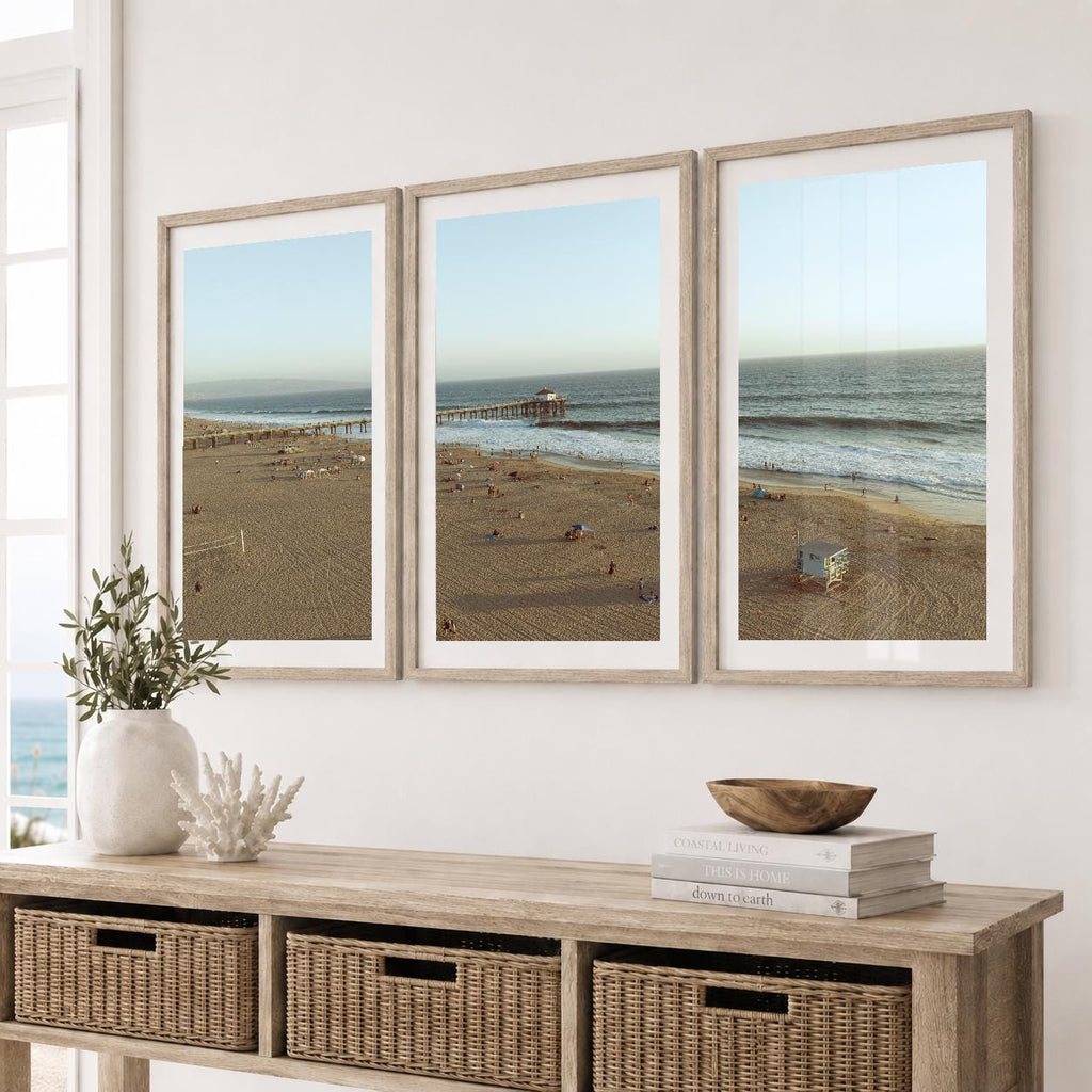 Manhattan Beach Pier Aerial Print, Vintage-Style Framed Coastal Wall Art, Single or Triptych