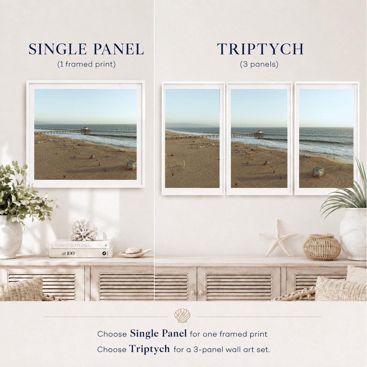 Manhattan Beach Pier Aerial Print, Vintage-Style Framed Coastal Wall Art, Single or Triptych