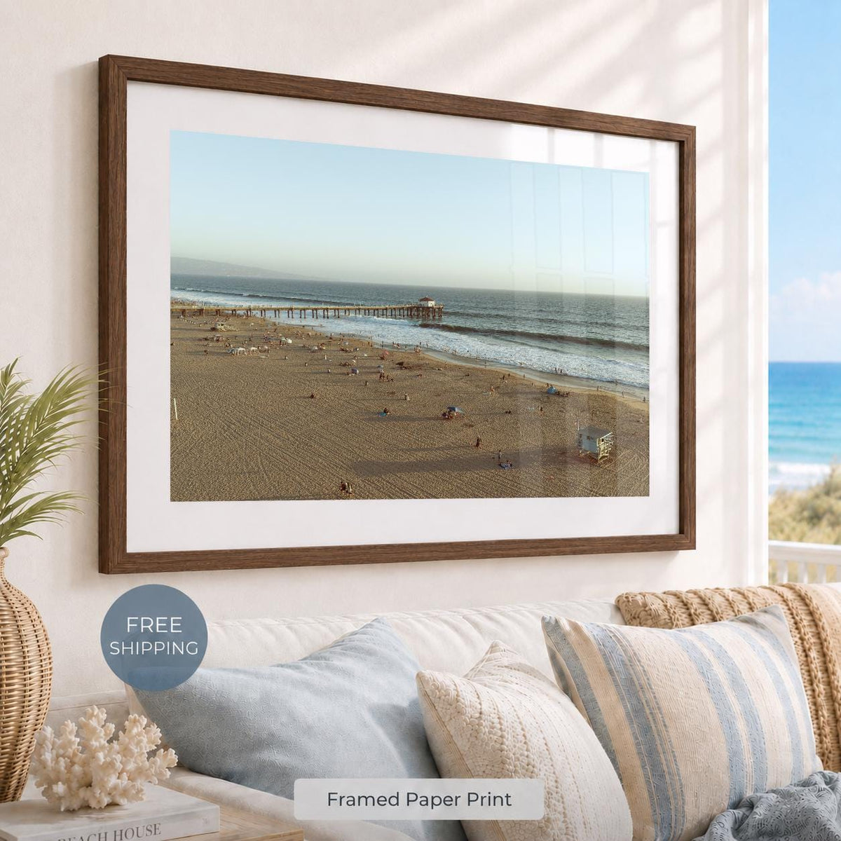Manhattan Beach Pier Aerial Print, Vintage-Style Framed Coastal Wall Art, Single or Triptych